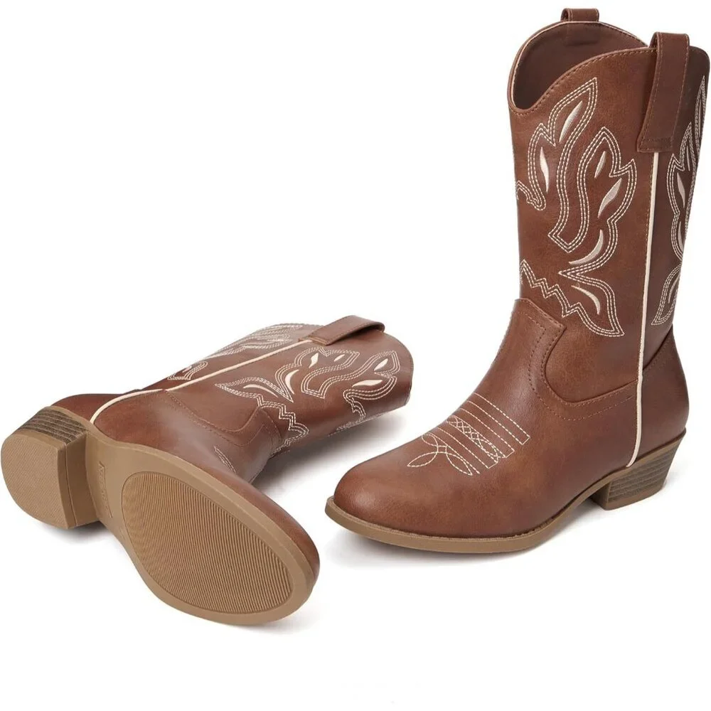 ⚡Kid Brown Polyurethane Cowboy Pointed Toe Mid-Calf Embroidered Side Zipper Boot